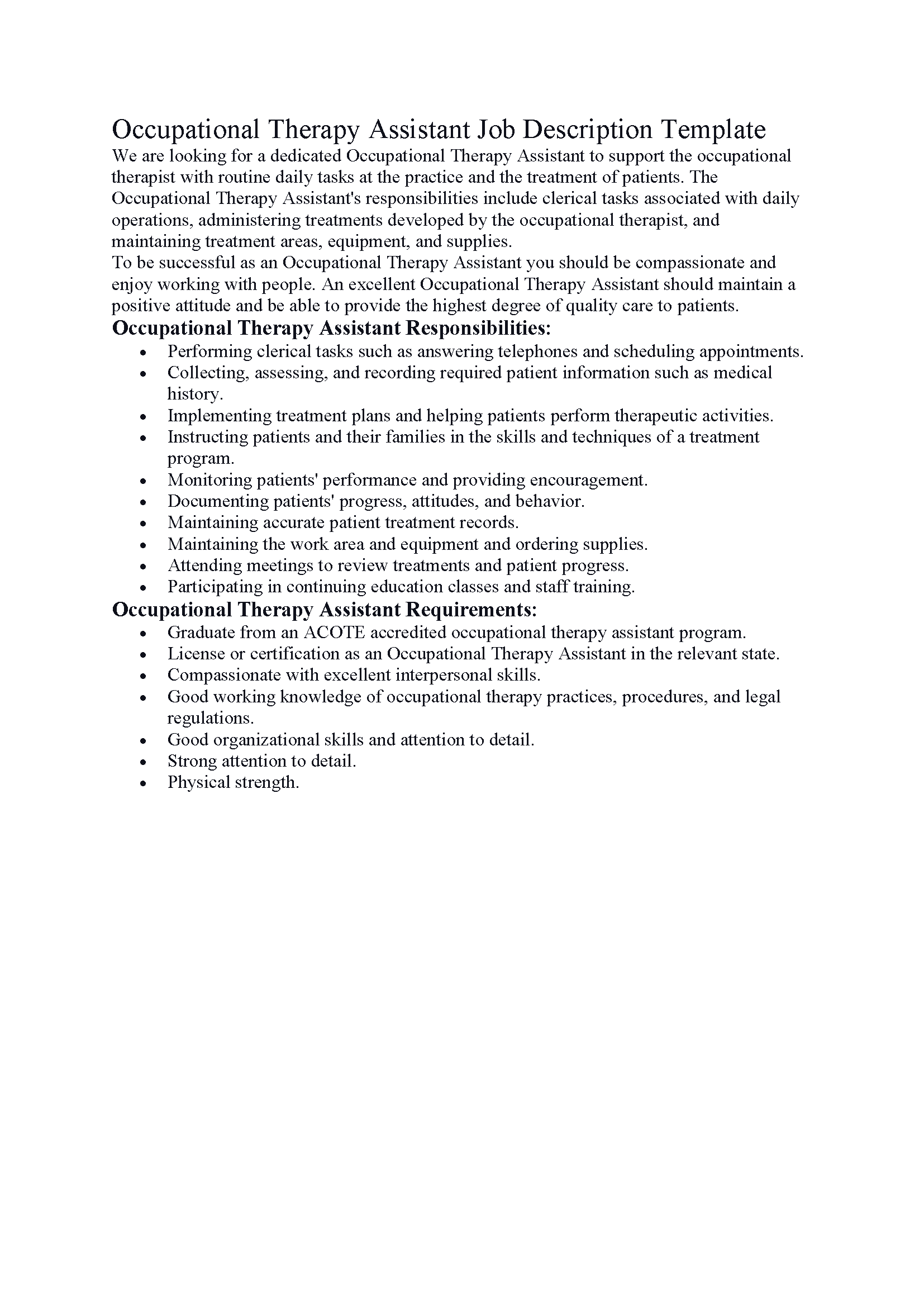 Occupational Therapy Assistant Job Description Template